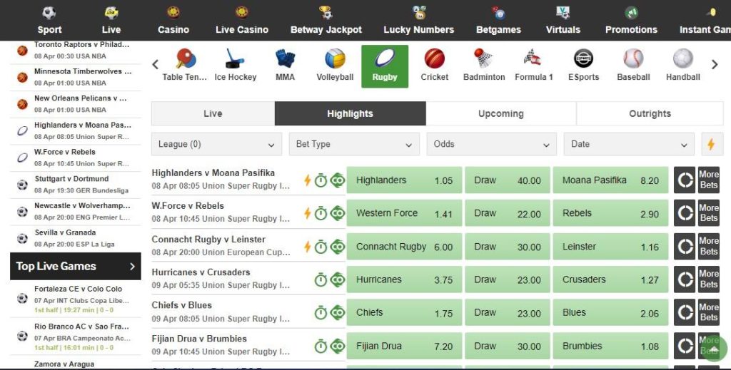 Find the list of available rugby events