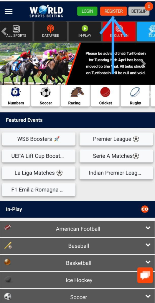 registration on app World sports betting