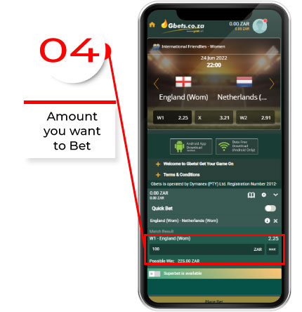 Example from gbets datafree app: Choose the amount of money that you want to Bet