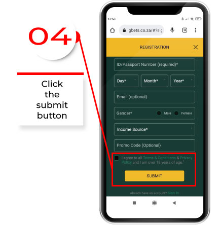 After completing the form from the previous step - click on the submit button. Use gbets app and downloads apk from our site for faster registering