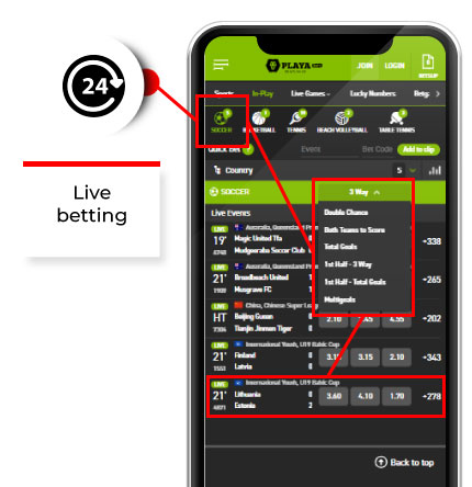 Live-betting in playabets app