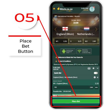 Place a Bet Button from gbets app