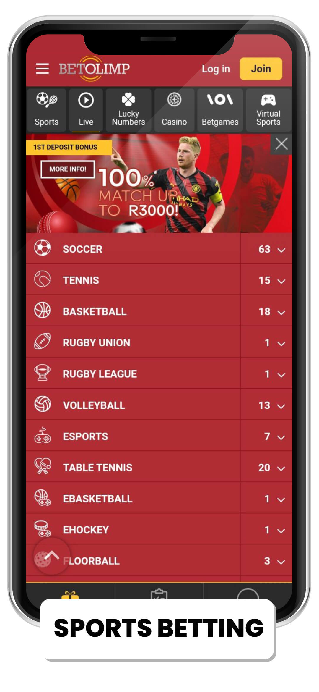 SPORTS BETTING tab at Bet olimp site