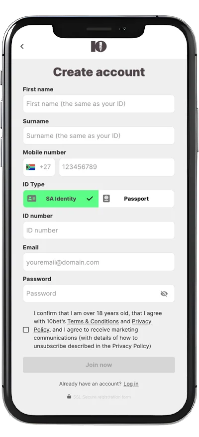 Registration page on the cell phone screen