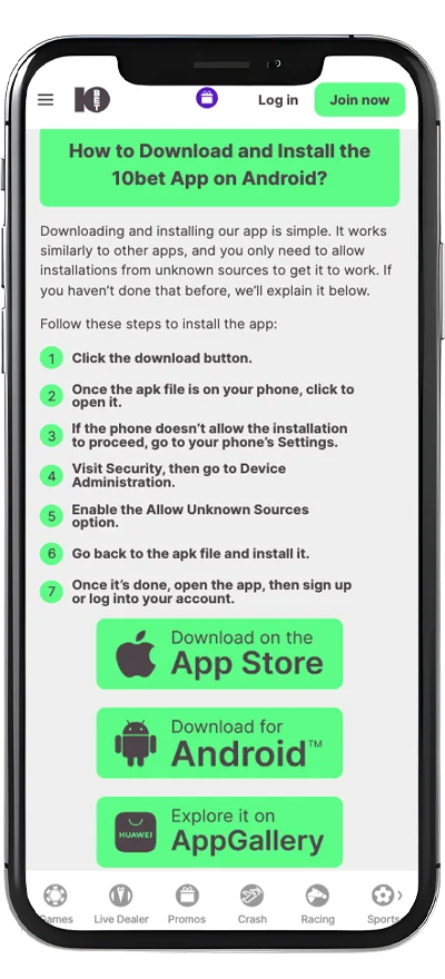 Instructions for installing the 10Bet app