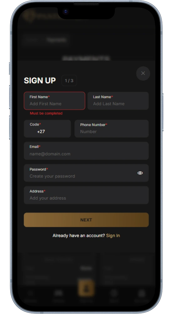 Registration window in the mobile app on the South African casino Pantherbet